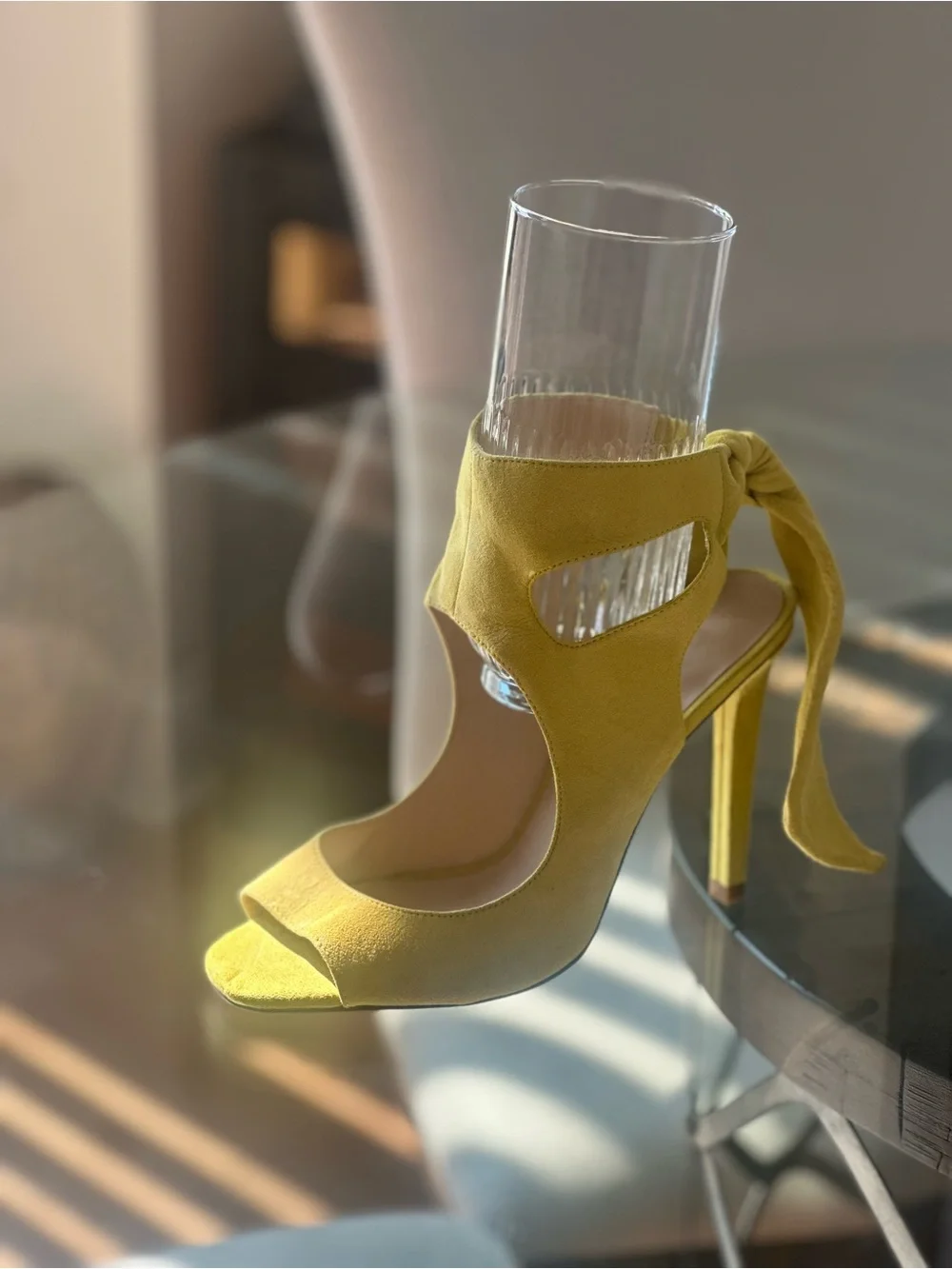 Zara Yellow Suede Tie-Ankle Open-Toe Heels